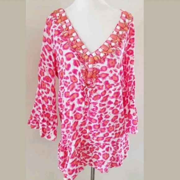 Boston Proper Tops - BOSTON PROPER BEADED PINK LEOPARD TOP SZ M